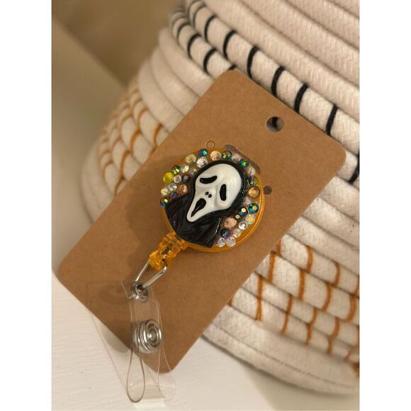 Orange Black and White Scream Ghostface Badge Reel Badge Holder New - Picture 1 of 2
